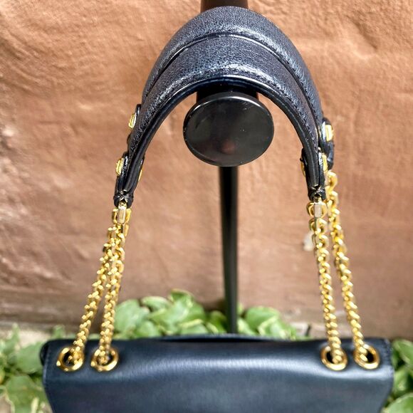 MCM Black Pebbled Leather Logo Charm Studded Convertible Chain Strap Flap Bag - Picture 10 of 16